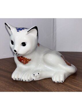 Vintage 70s Ceramic Calico Cat Figurine Patchwork Grandmillennial Kitsch MCM